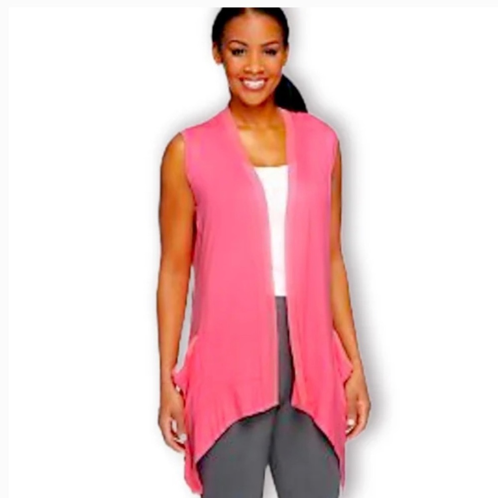 LOGO Lori Goldstein Pink Knit Vest  Open Front With Pockets SZ Small